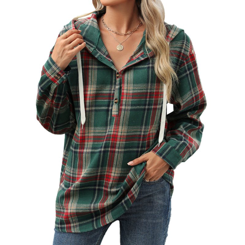 Autumn Winter Loose Long Sleeve Hooded Button Plaid Coat Sweatshirt Women - Premium Coats & Jackets for sale