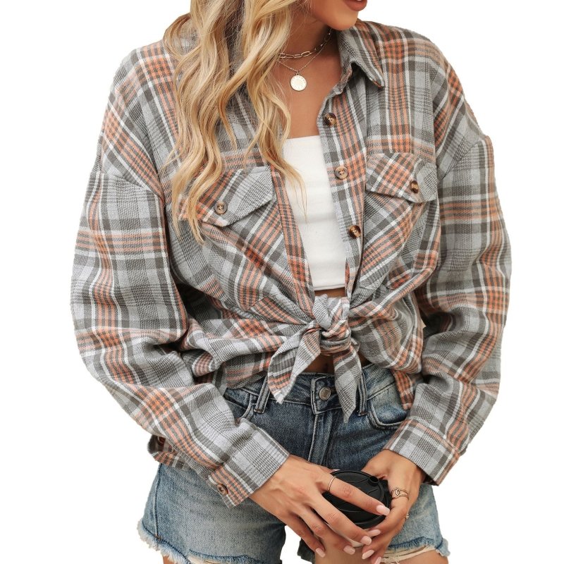 Autumn Winter Polo Collar Pocket Loose Long Sleeve Plaid Shirt Women - Premium Blouses for sale