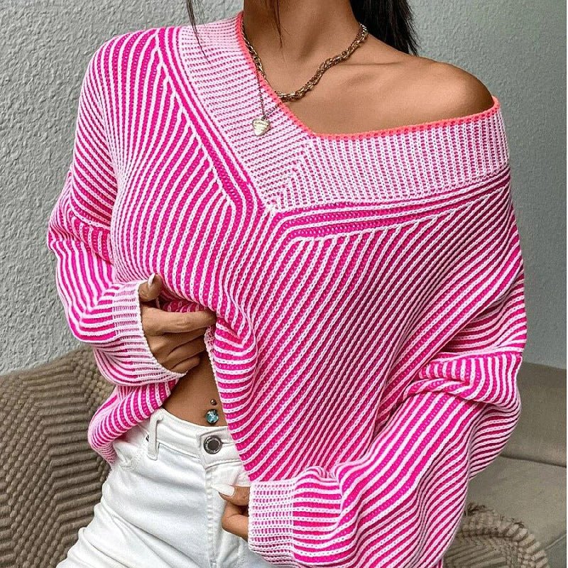 Autumn Winter V Neck Loose Slimming Batwing Sleeves Sweater Striped Contrast Color Pullover Sweater Top - Premium Cardigan for sale