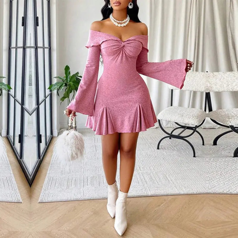 Autumn Winter Women Clothing Sexy Off Neck Bell Sleeve Short Party Dress - Premium Dresses for sale
