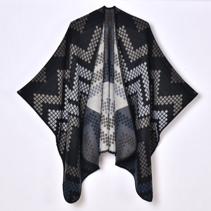 Autumn Winter Women Simple Elegant Jacquard Thickened Shawl Knitted Slit Warm Cloak - Premium Scarves & Shawls for sale