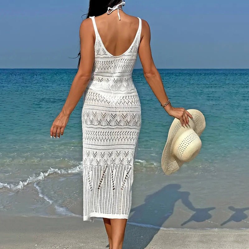 Beach Cover up Sexy Cutout Knitted Long Sling Backless Holiday Sun Proof Dress - Premium Swimwear for sale