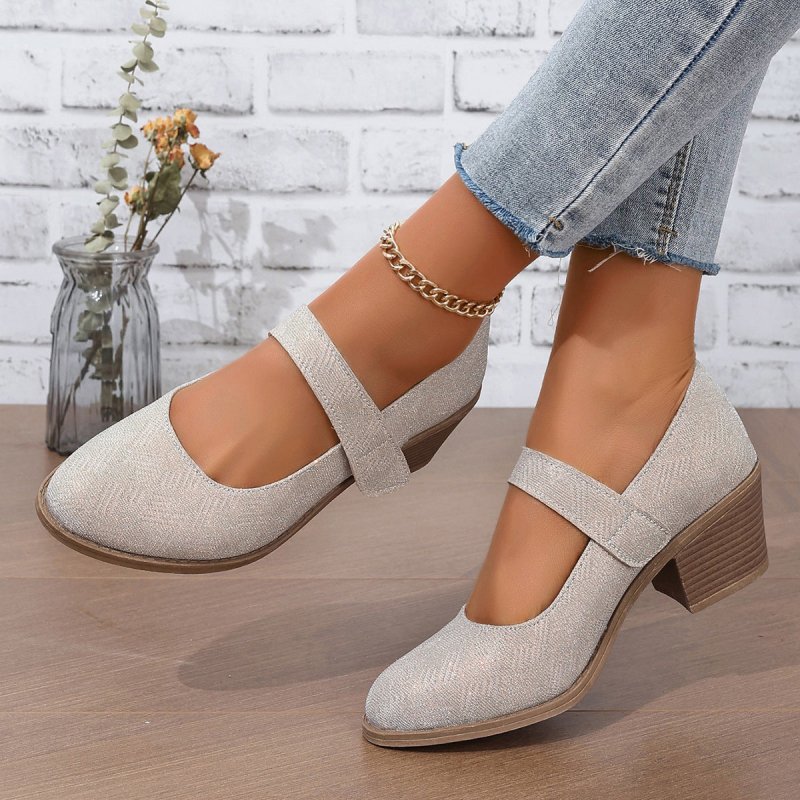 Chunky Heel Height Increasing Women Pumps Velcro Convenient Simple round Toe Women High Heel Single Layer Shoes round Toe - Premium Shoes for sale