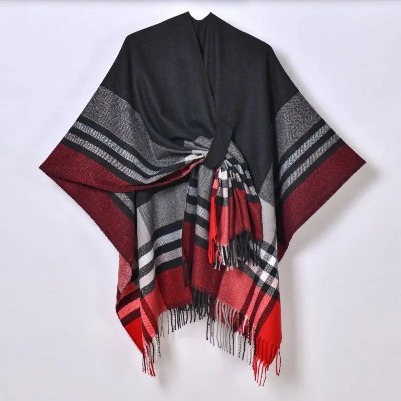 Color Striped Strap Inverness Women Jacquard Warm Tassel Cardigan Outer Wear - Premium Scarves & Shawls for sale