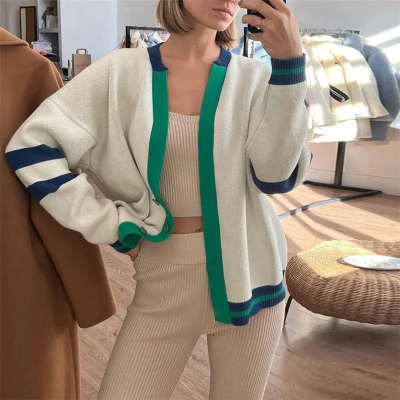 Contrast Color Cardigan Loose Casual Autumn Winter Sweater Women Striped Simple Knitted Sweater Coat - Premium Cardigan for sale