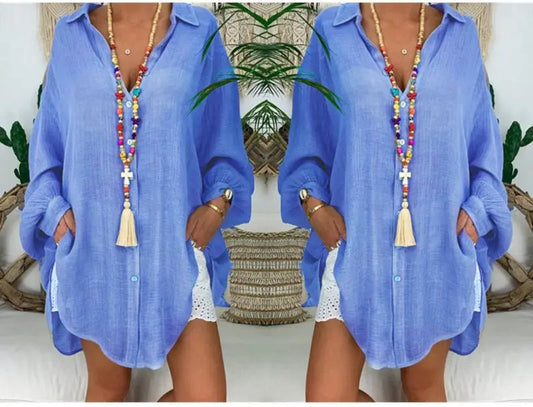 Cotton Linen Shirts Plus Size Women's Button Loose Long Sleeves Casual Shirts Tops