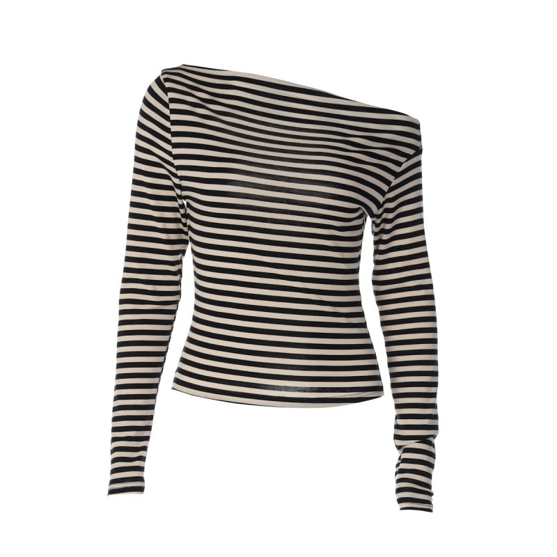 Diagonal Collar Striped Long Sleeve Top - Contrast Color Shirt - Premium for sale