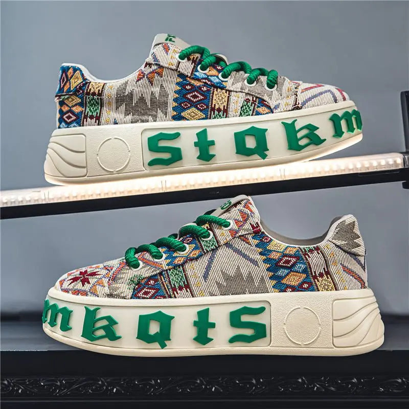 Ethnic Grid Platform Men's Shoes Breathable Increased - Premium Shoes for sale