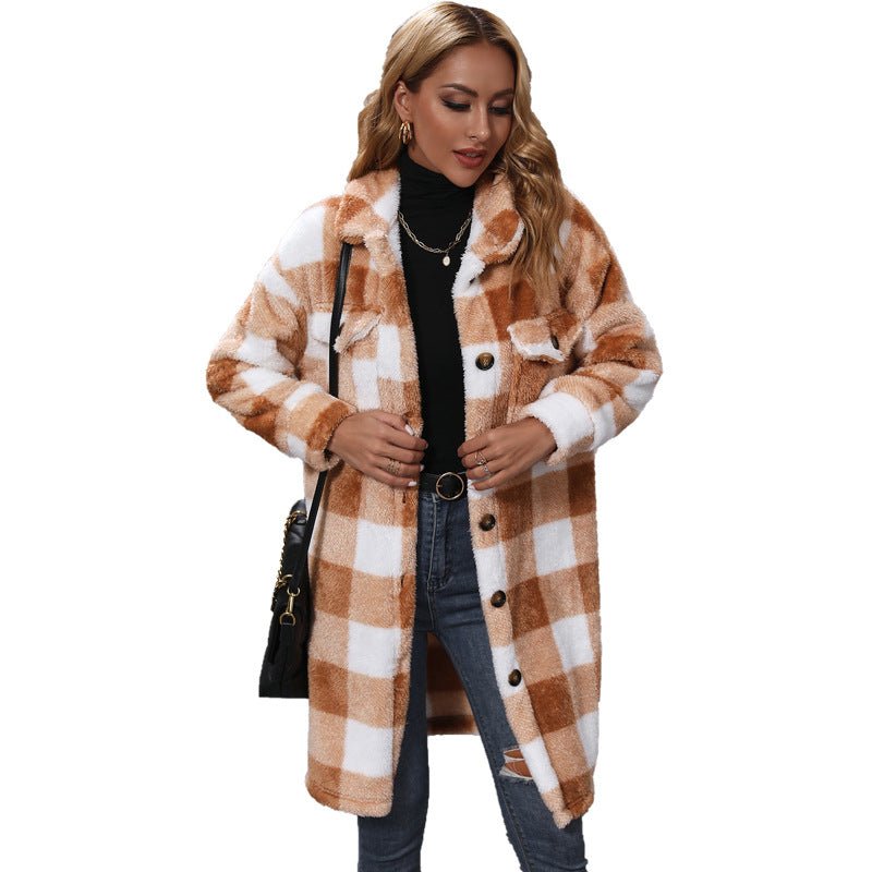 Fall Women Collared Long Sleeve Loose Plaid Single Breasted Long Plush Casual Coat - Premium Coats & Jackets for sale