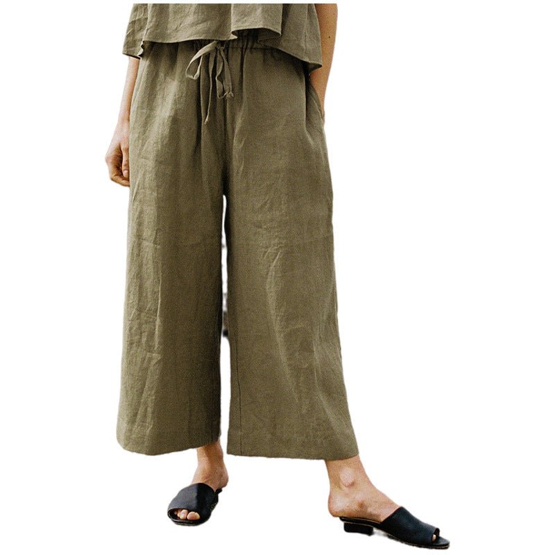French Ramie Cotton Lace up Wide Leg Pants Summer Holiday Slimming Cropped Pants Small Straight Leg Pants
