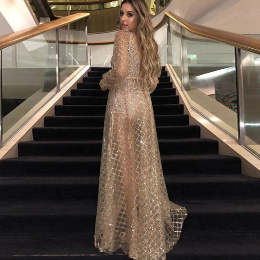 Hollowed Out Maxi Dress – Elegant Long Sleeve Women's Gown - Premium Women's Clothing for sale