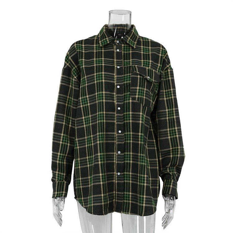 Lattice Shirt Fall Women Clothing Retro Plaid Outer Wear Loose Shirt - Premium Blouses for sale