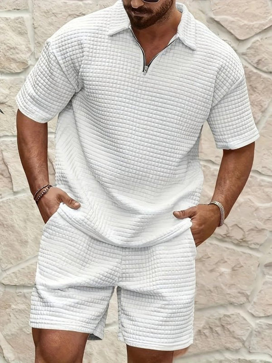 Men's Jacquard Polo Shirt & Shorts Set – Casual Short Sleeve Matching Set - Premium Activewear for sale