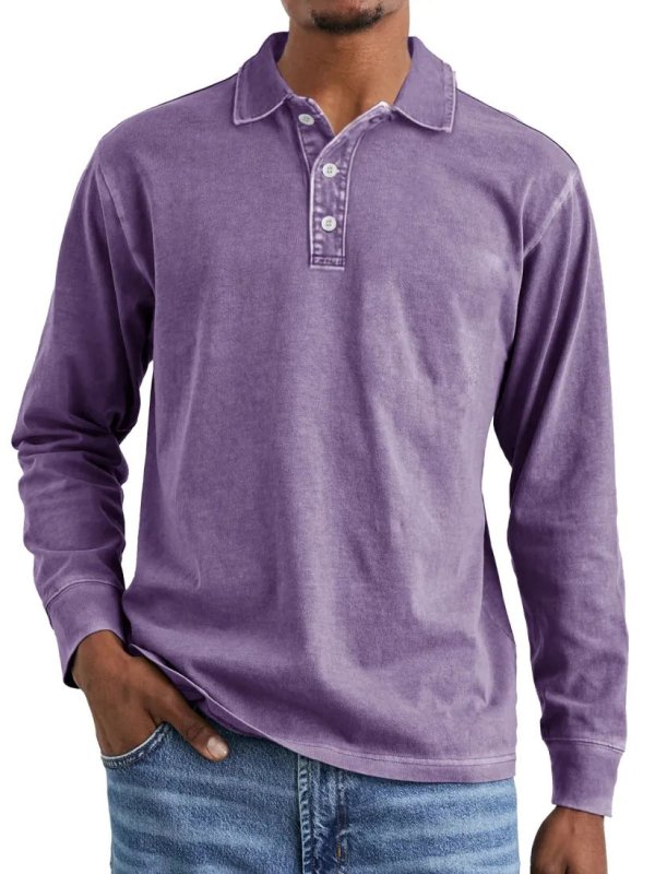 Men's Retro Washed Cotton Polo Shirt – Long Sleeve Distressed Lapel Top - Premium Activewear for sale