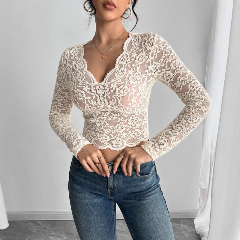 Off - Shoulder Lace Long Sleeve Top - Sheer Women's Blouse - Premium for sale