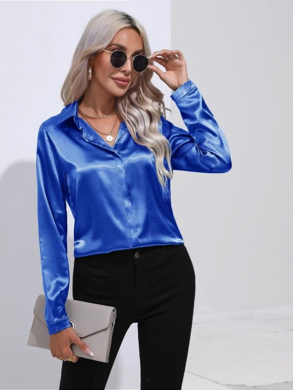 One Button Satin Shirt Office Long Sleeve Shirt Spring Summer Loose Top - Premium Shirts & Tops for sale