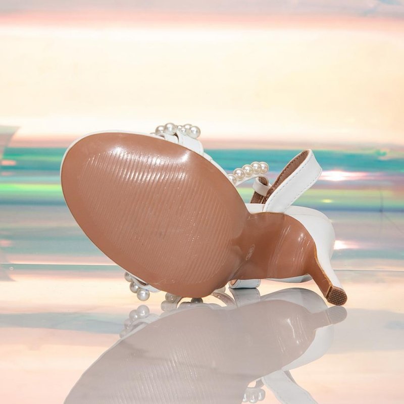 Peep Toe High Heels Chunky Heel Low Cut Rhinestone Pearl Women Thin Shoes Wedding Bride - Premium sandals for sale