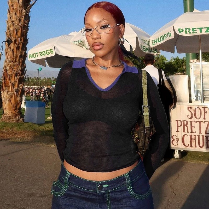 Polo Collar Striped Long Sleeve Top - Casual Women's Shirt - Premium for sale