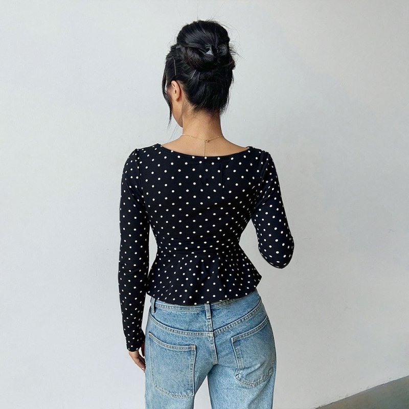 Retro Dots V - Neck Long Sleeve Top - Slim Fit Women's Blouse - Premium for sale
