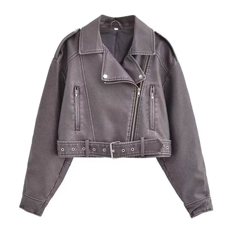 Retro Washed Collared Zipper Ornament Faux Leather Jacket Autumn Winter Street Cropped Jacket - Premium Jackets for sale