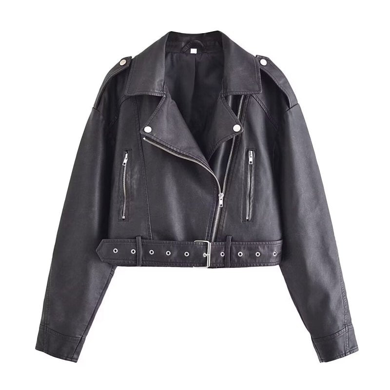 Retro Washed Collared Zipper Ornament Faux Leather Jacket Autumn Winter Street Cropped Jacket - Premium Jackets for sale