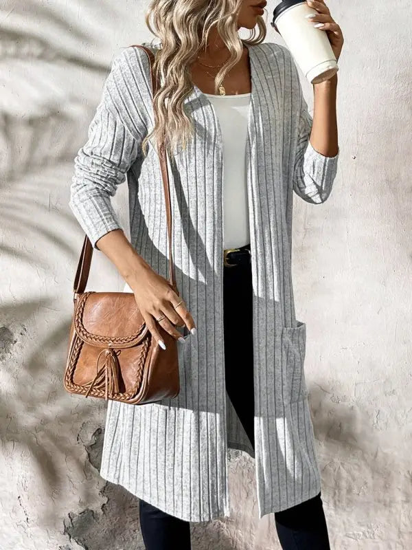 Ribbed Open Front Long Sleeve Cardigan with Pockets - Premium Coats & Jackets for sale