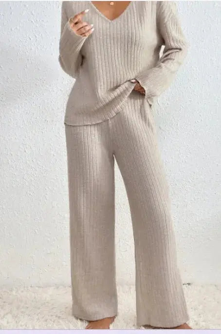 Round Neck Solid Color Fashion Knitted Top And Trousers Two - piece Set - Premium Outfit Sets for sale