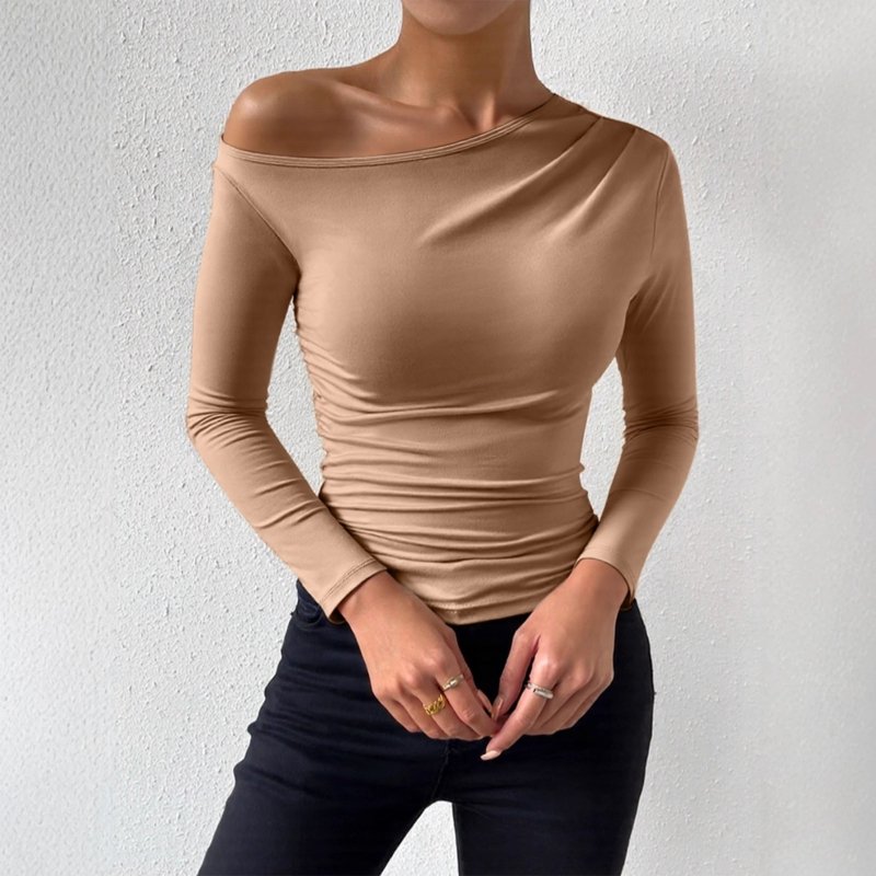 Sexy Oblique Shoulder Collar Off - the - Shoulder Long Sleeve Slim Fit T-Shirt - Asymmetric Ruched Top - Premium for sale
