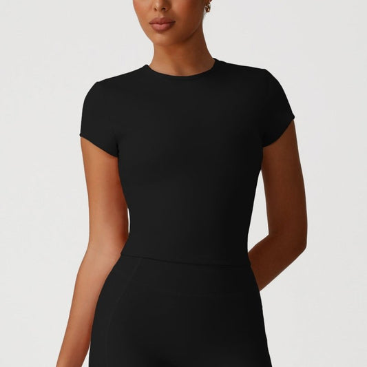 Sports Back Shaping Top round Neck Short Sleeve Skinny Yoga Clothes - Black