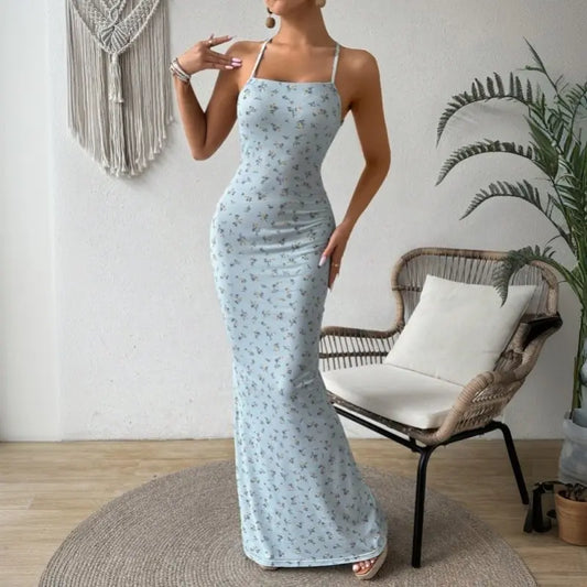Spring Summer Women Clothing Sweet Floral Sling Dress Halter Backless Slim Fit Maxi Dress - Premium Dresses for sale
