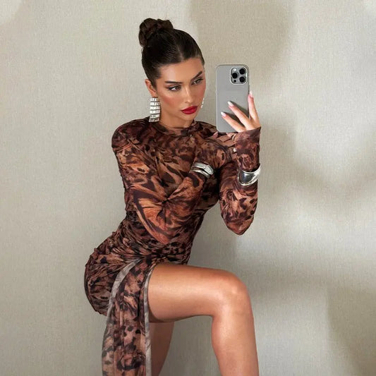 Summer Item Crew Neck Long Sleeve Tiger Stripe Pattern Lace up Waist Controlled Slimming Dress - Premium Dresses for sale