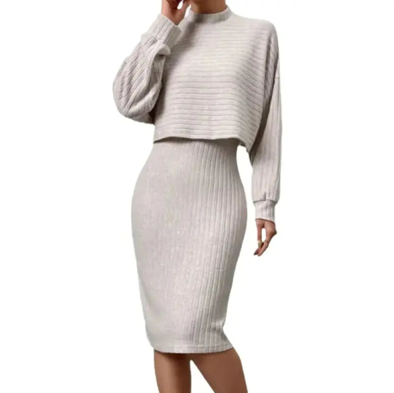 Sunken Stripe Long - Sleeve Top with Suspender Skirt - Premium Outfit Sets for sale
