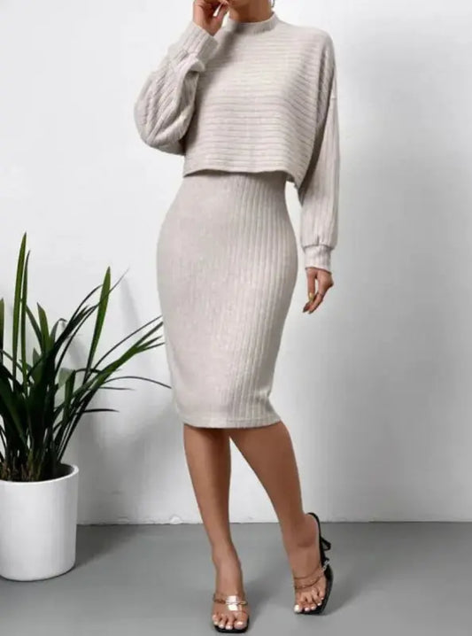 Sunken Stripe Long - Sleeve Top with Suspender Skirt - Premium Outfit Sets for sale