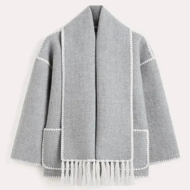 Tassel Scarf Collar Jacket For Woman - Premium Coats&Jackets for sale