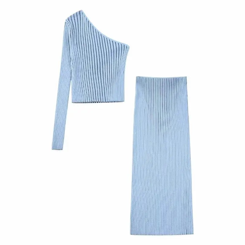 TRAF Woman 2 Pieces Kintted Skirt Sets New Fashion Elegant Asymmetrical One Shoulder Tops High Waist Straight Skirts