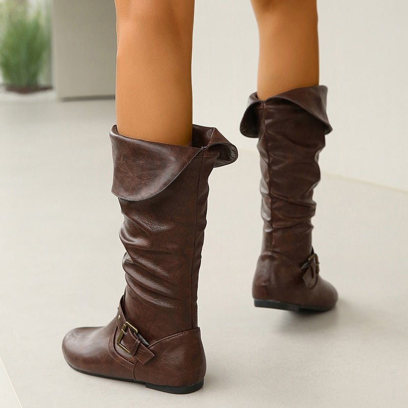 Vintage Crumpled Women Boots Sleeve Belt Buckle - Premium Shoes for sale