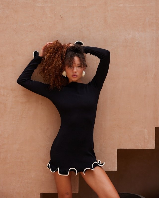 Wave Edge Dress Sexy Tight Wooden Ear Curling Knitted Dress Long Sleeve Ball Autumn Winter - Premium Dresses for sale