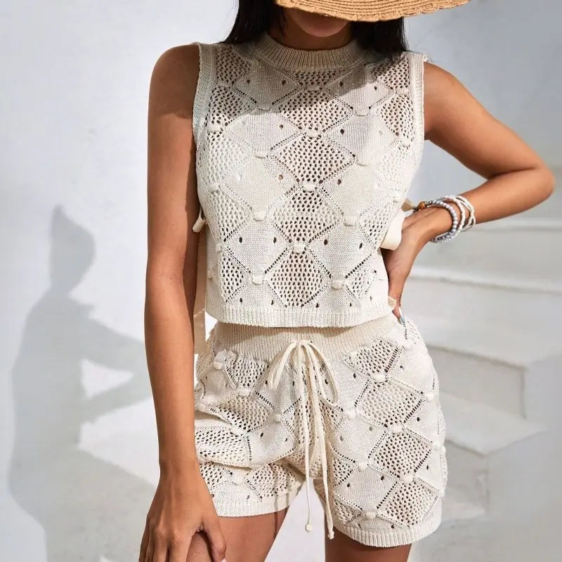 Women Handmade Knitted Vest Loose Casual Seaside Vacation Two Piece Set - Premium Outfit Sets for sale