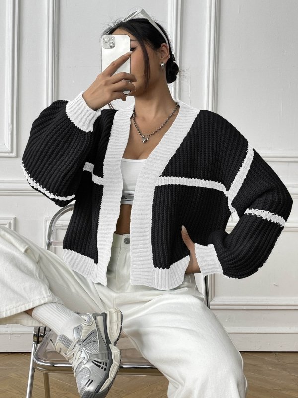 Women Cardigan Women Clothing Fall Winter Coat Color Contrast Patchwork Short Casual Loose Woven Sweater - Premium Cardigan for sale