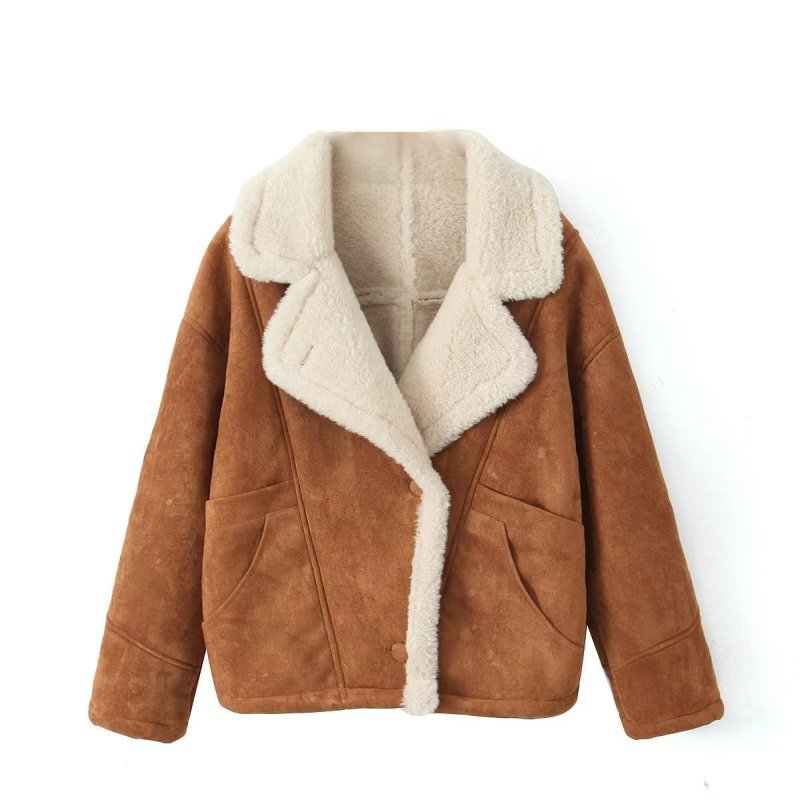 Women Clothing Autumn Winter Retro Lamb Wool Collared Loose Casual Warm Jacket - Premium Coats & Jackets for sale