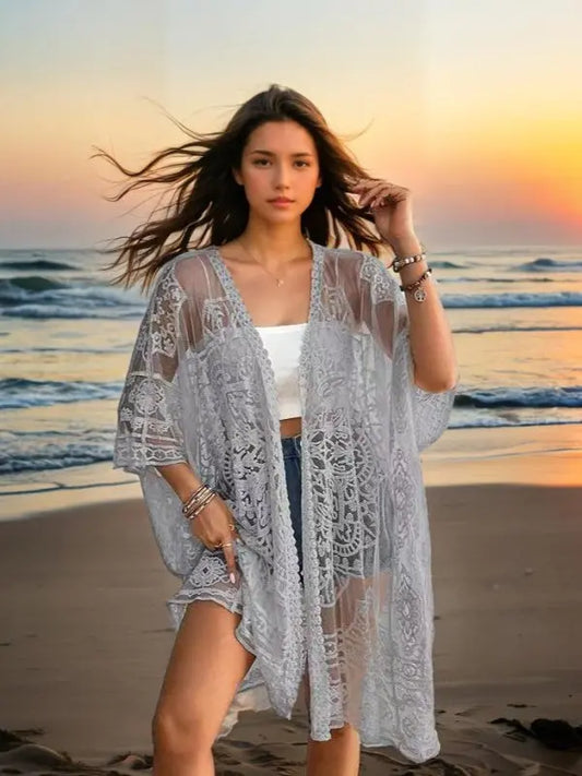 Women Clothing Sexy See through Water Soluble Lace Embroidered Cardigan