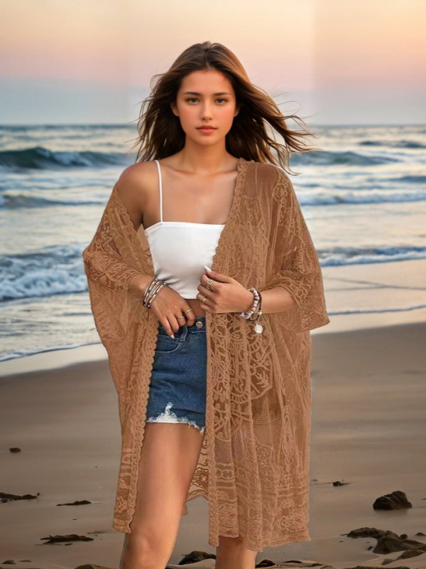 Women Clothing Sexy See through Water Soluble Lace Embroidered Cardigan Beach Bikini Sun Protective Blouse - Premium Swimwear for sale