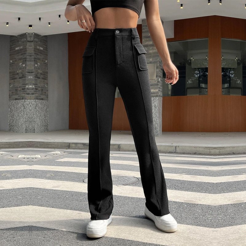 Women Clothing Street Pocket Slim Solid Color Stretch Bootcut Trousers Casual Trousers