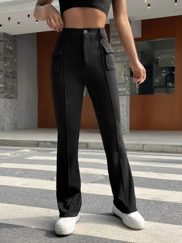 Women Clothing Street Pocket Slim Solid Color Stretch Bootcut Trousers Casual Trousers