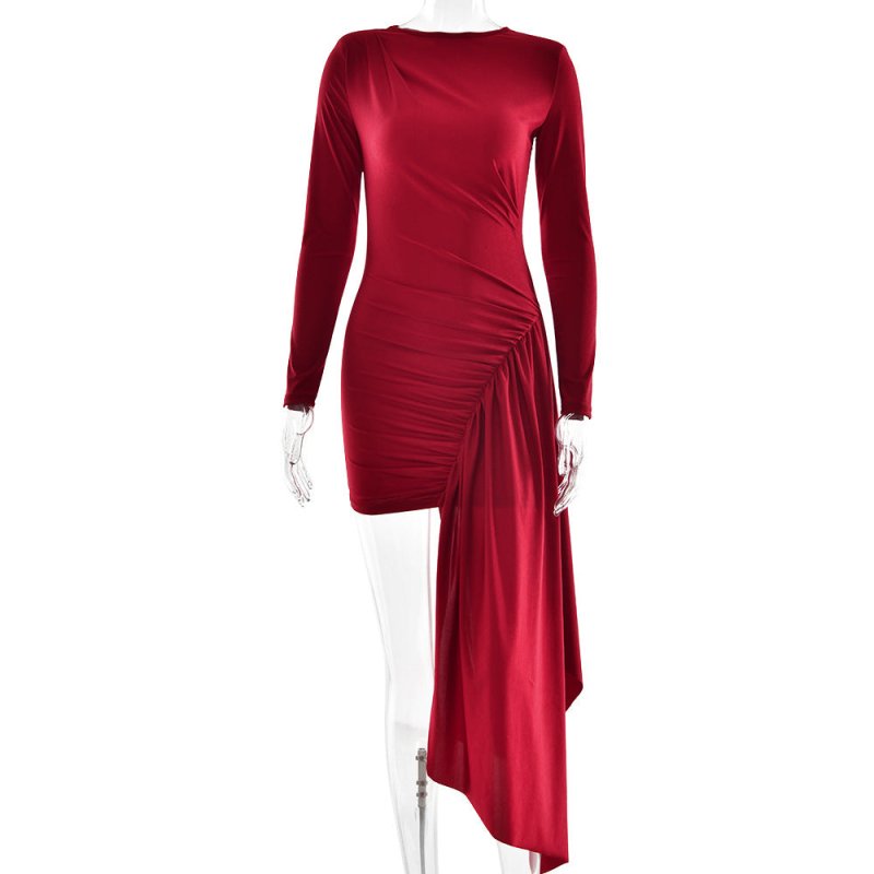 Women Dress Sexy round Neck Long Sleeved Pleated Ribbon Slim Fit Sheath Dress - Premium Dresses for sale
