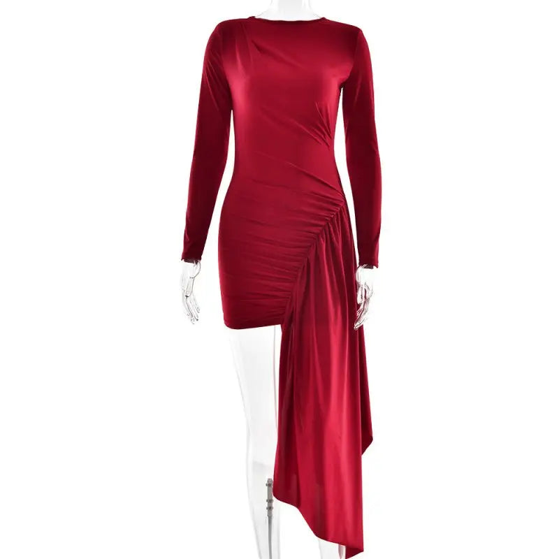 Women Dress Sexy round Neck Long Sleeved Pleated Ribbon Slim Fit Sheath Dress - Premium Dresses for sale