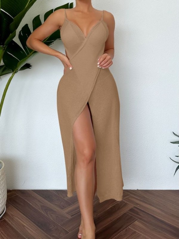 Women Knitted Halterneck with Suspenders Sexy Cutout Side High Slit - Premium dresses for sale