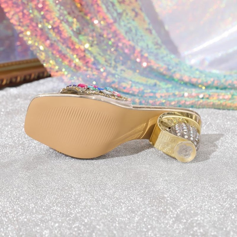 Women Rhinestone Gold Sandals Slip on Transparent Platform Party Dress Sandals High Heels - Premium sandals for sale
