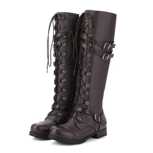 Women's Leather Tall Knight Boots with Buckle Detail - Premium Boots for sale