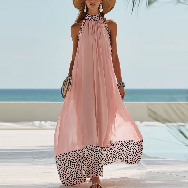 Women's Pink Polka Dot Sleeveless Halter Maxi Dress – Casual Sundress - Premium Activewear for sale